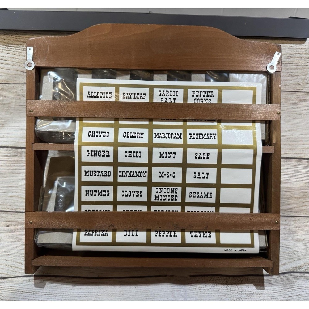 MCM NOS Japan Wood Spice Rack 12 Apothecary Style Jars & Labels Mid Century Mod - Picture 2 of 6